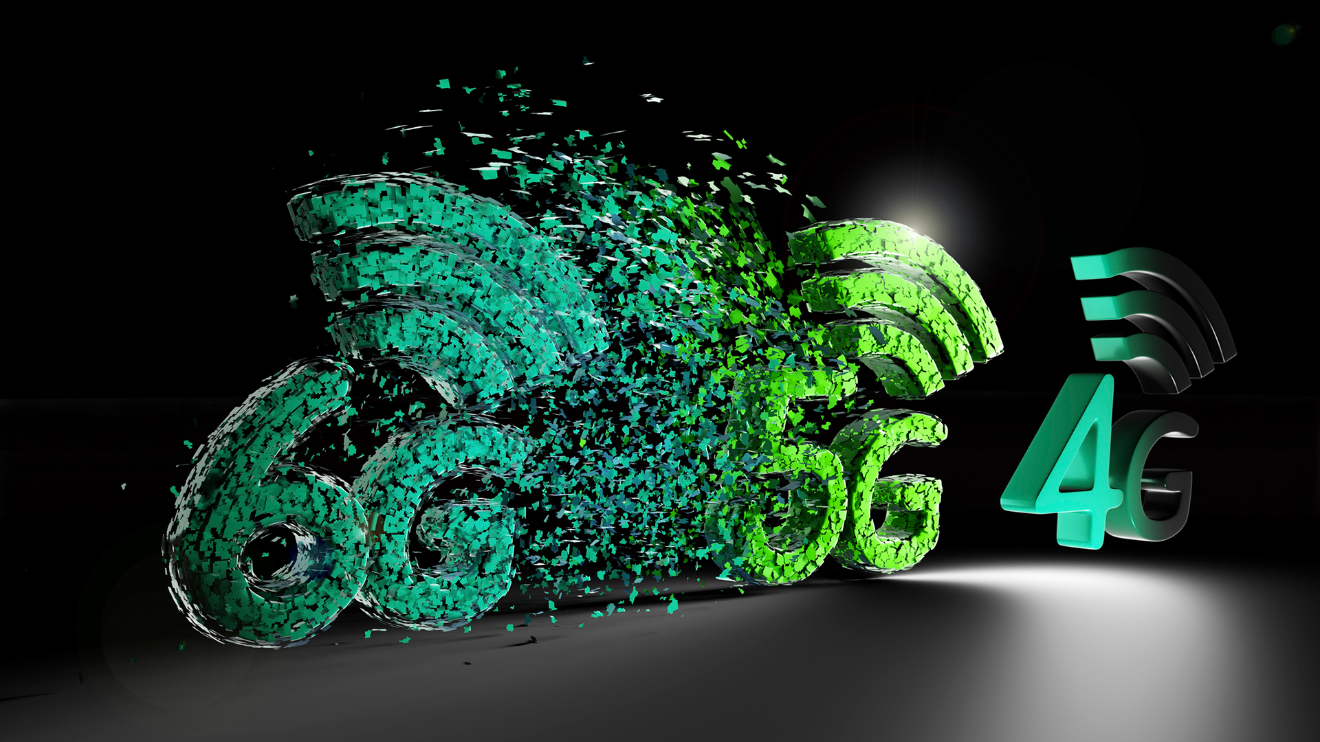 CGI letters reading 4G, 5G, 6G, with network symbols above on a dark backdrop. The 6G and 5G symbols are splintered to show fragmented rollout and uptake.