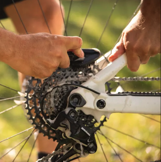 man cleaning bicycle cassette with brush and degreaser