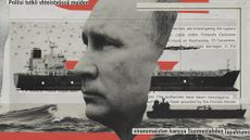 Composite illustration of an oil tanker, Vladimir Putin, nautical chart and text from Finland's National Bureau of Investigation