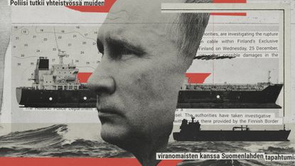 Composite illustration of an oil tanker, Vladimir Putin, nautical chart and text from Finland's National Bureau of Investigation