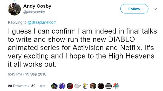 Andy Cosby twittou que está nas negociações finais sobre uma série animada de Diablo