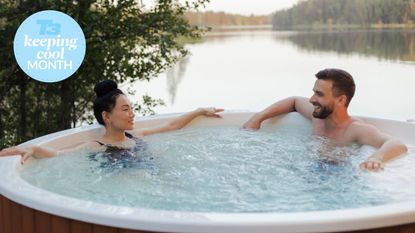 Man and a woman enjoying a hot tub outside with T3 Keeping Cool month badge