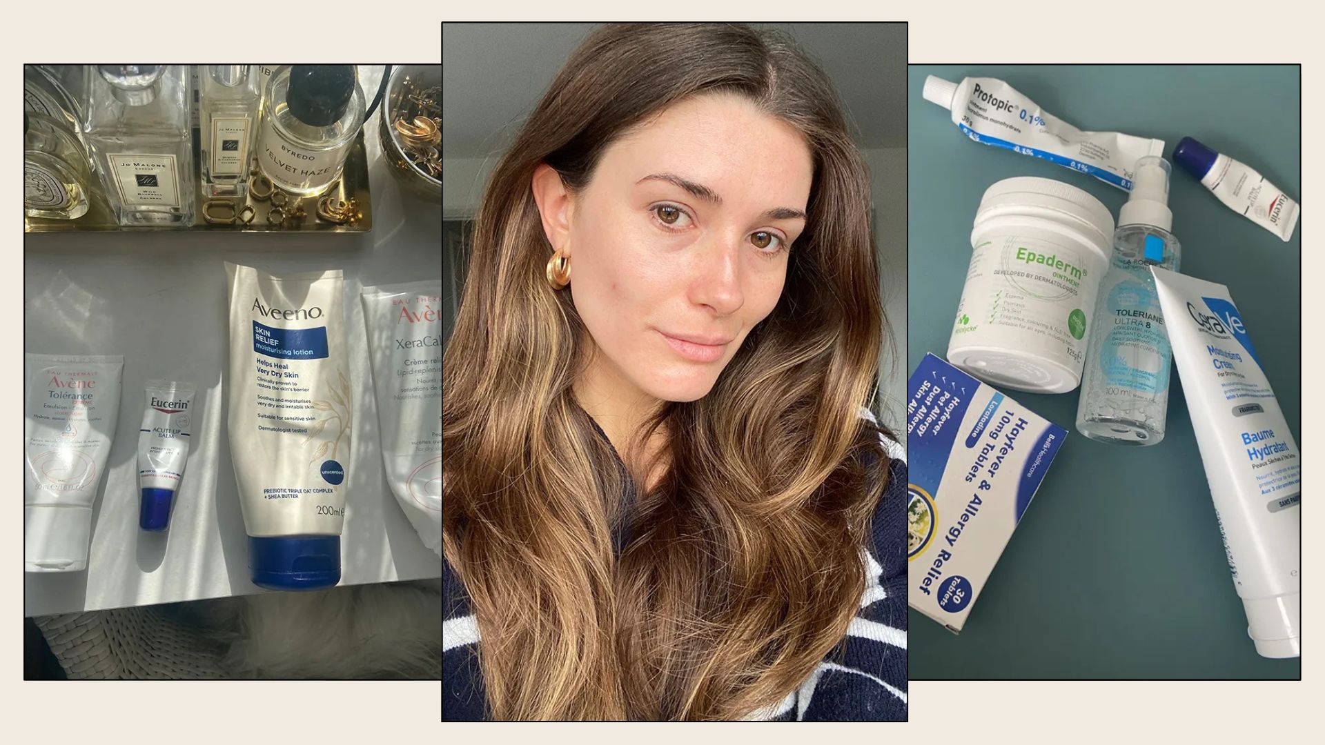 A selfie of Eleanor post-eczema flare, next to photos of her favourite eczema creams and skincare products