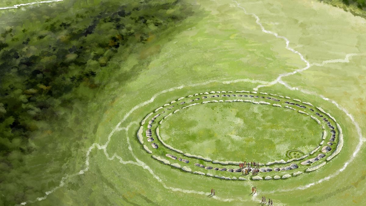 an illustration of a large circle of stones in a grassy field