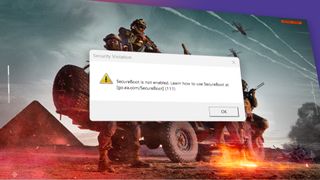 Battlefield 6 Open Beta splash screen with a secure boot warning overlaid on top.