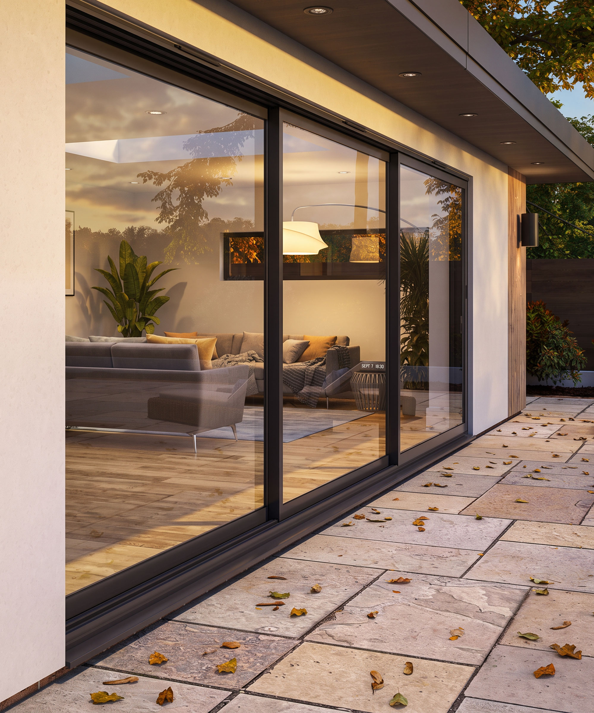 modern extension with large sliding glazed doors leading out to a patio