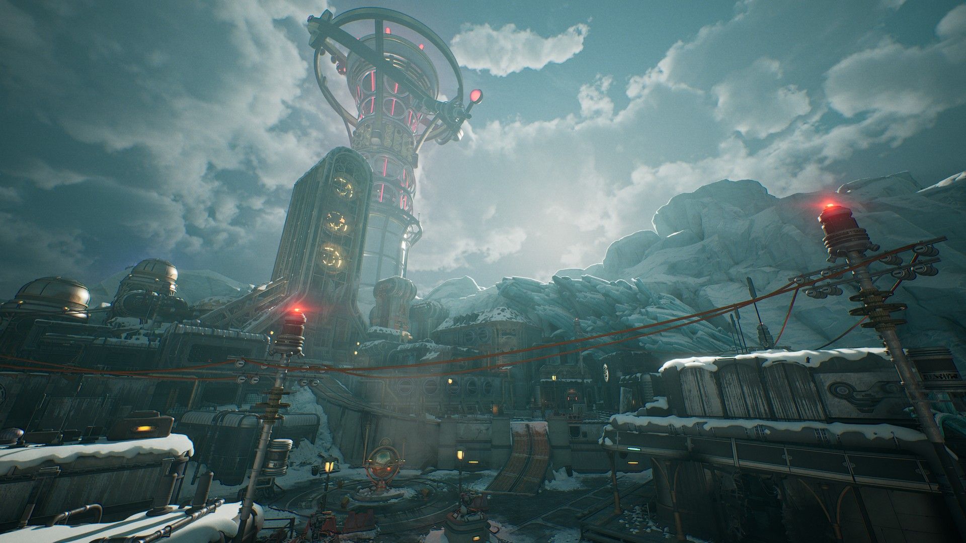 A bustling sci-fi city in The Outer Worlds 2