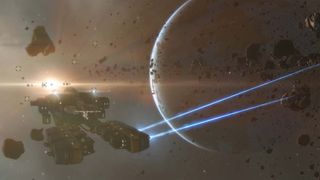 En minefregat udvinder en asteroide i EVE Online