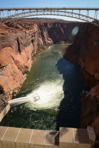 Jet tubes releasing water during the 2012 high-flow release at Glen Canyon Dam.