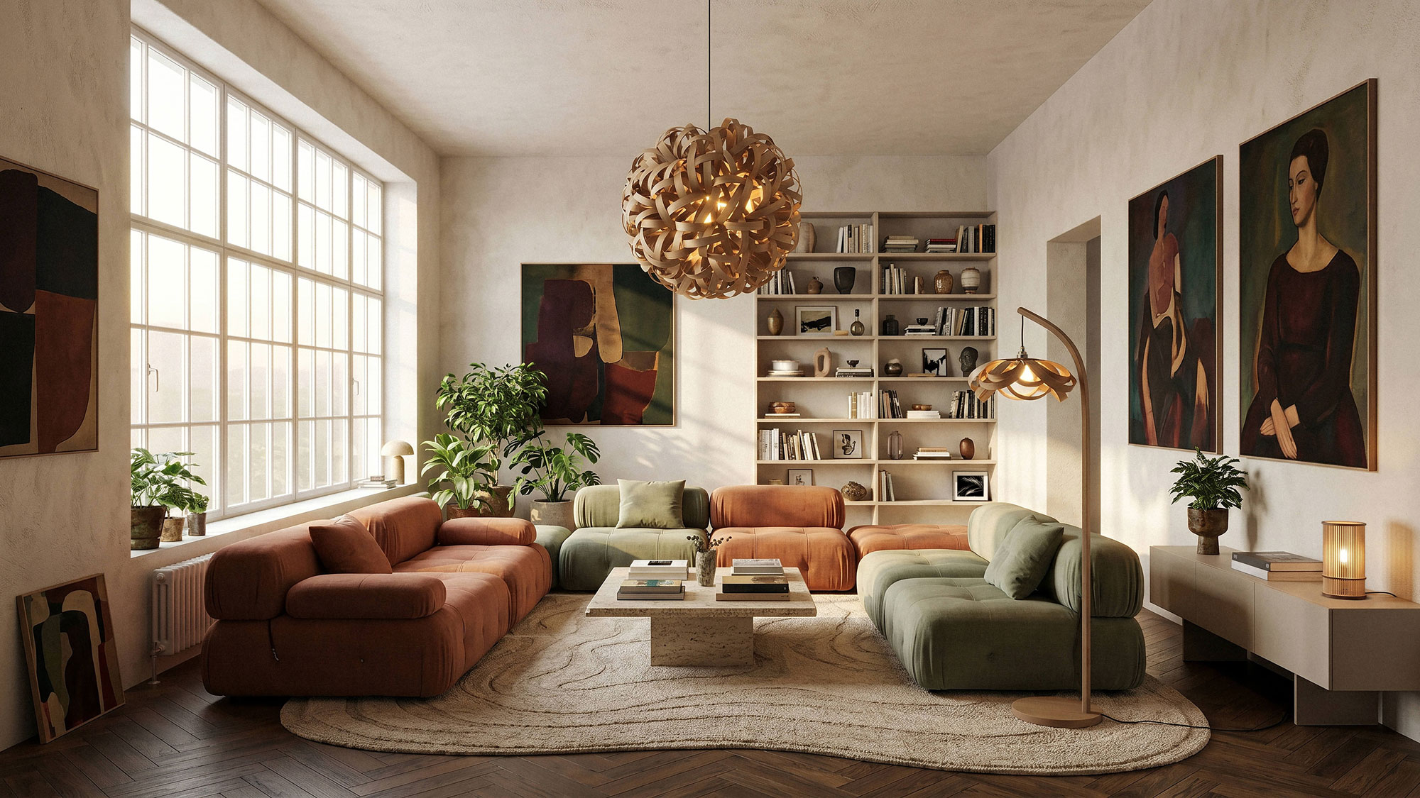 mid-century modern living room with oversized pendant light