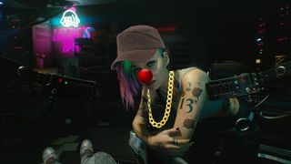 Judy from Cyberpunk wearing an ugly hat, clown nose and golden chain necklace.