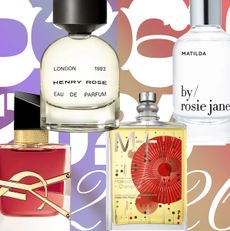 Images of bottles of YSL, Henry Rose, Escentric Molecule, and By Rosie Jane perfume bottles overlaid on a purple and red toned 2026 background design.