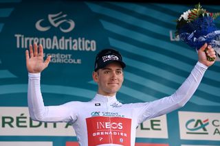 Magnus Sheffield wears the young riders jersey at the 2023 Tirreno-Adriatico