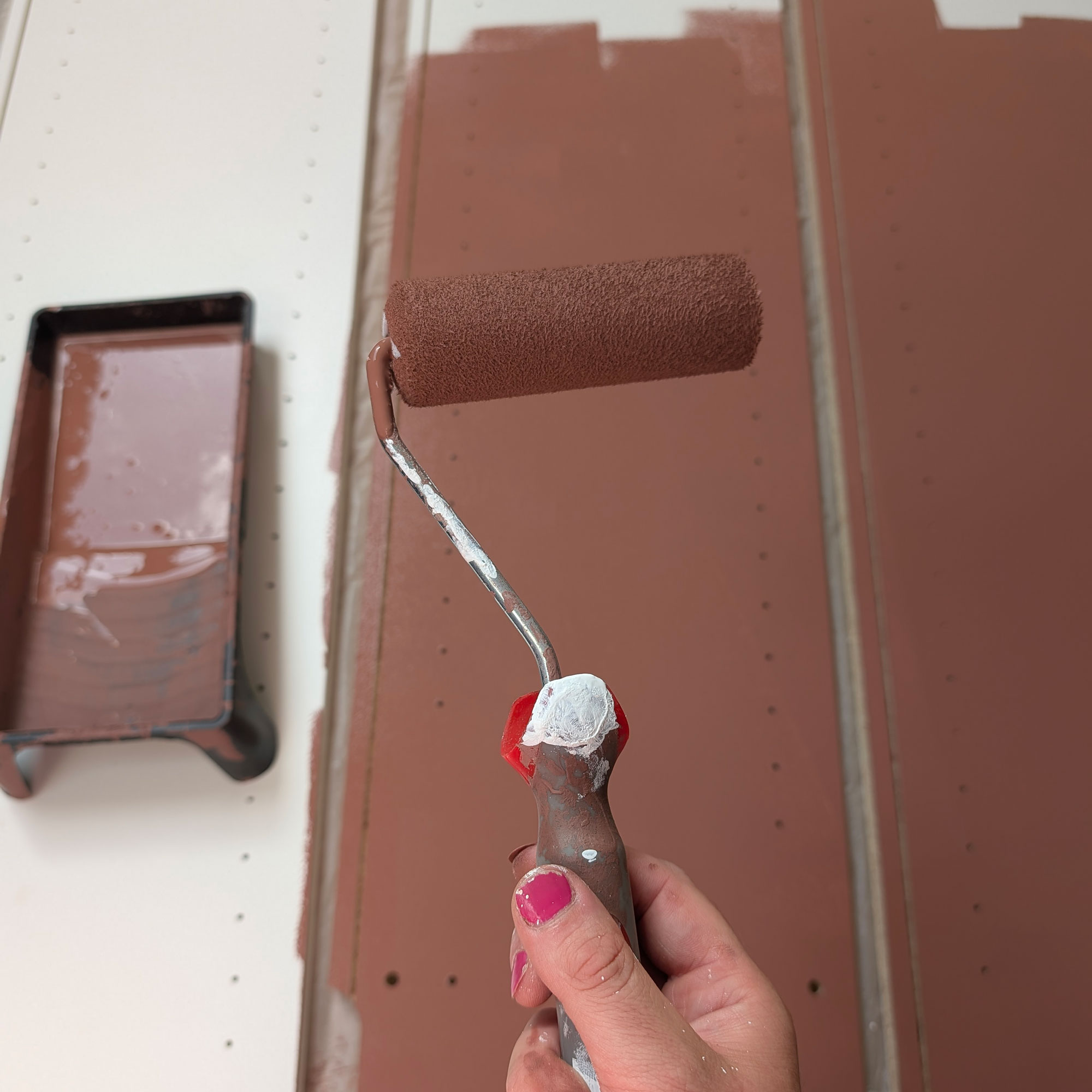 Hand holding paint roller in front of half painted wood plants