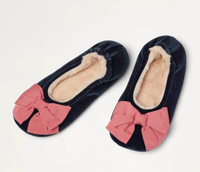Cosy velvet bow slippers in Navy, Dusty Rose, for £24.50 (was £35) from Boden