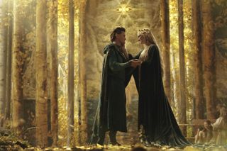 An image from episode one of The Lord of the Rings: The Rings of Power featuring Robert Aramayo (Elrond) and Morfydd Clark (Galadriel).