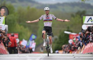 HUY BELGIUM APRIL 23 Tadej Pogacar of Slovenia and UAE Team Emirates XRG celebrates at finish line as race winner during the 89th La Fleche Wallonne 2025 a 2051km one day race from Ciney to Huy UCIWT on April 23 2025 in Huy Belgium Photo by Dario BelingheriGetty Images