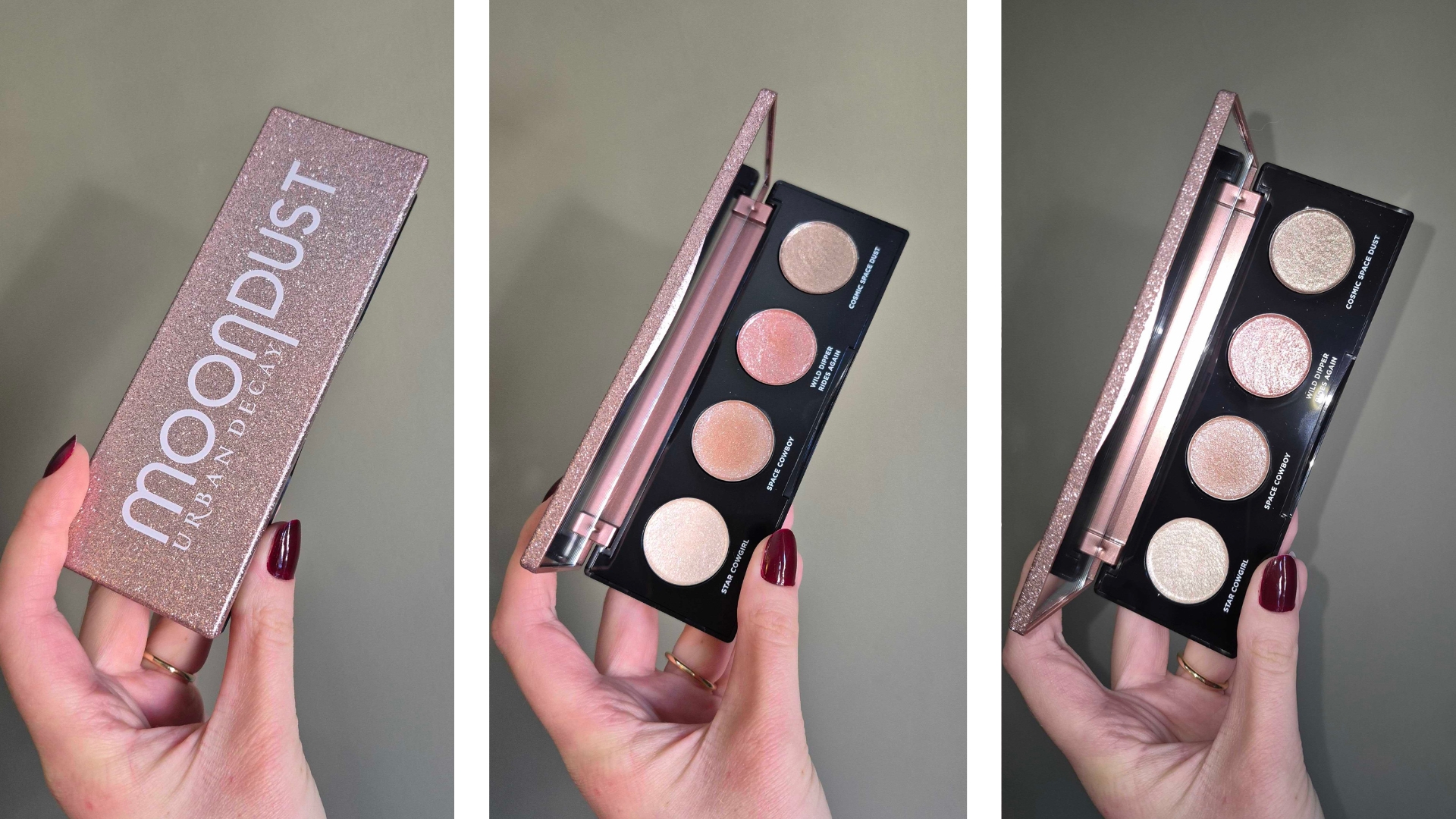 , followed by a picture of the palette open, to show the four shades, and finally, on the right, is a picture of the shadows taken with flash, to show their metallic shimmer.