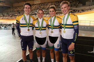 The 2017 Australian madison champions: Rohan Wight, Kristina Clonan and Macey Stewart, and Alex Porter