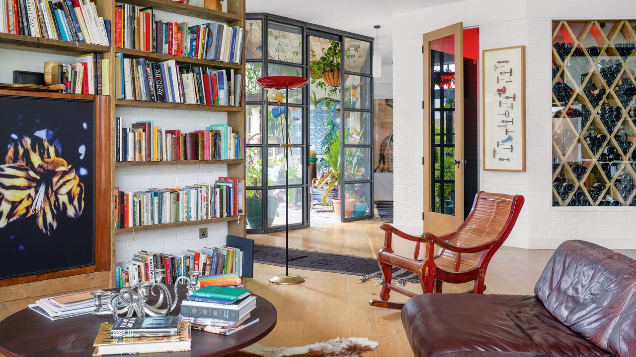 Living room with open book shelves