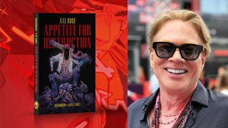 Appetite for Destruction comic book packshot plus Axl Rose pictured on the grid at the Hungarian Grand Prix