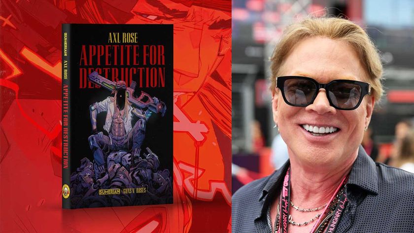 Appetite for Destruction comic book packshot plus Axl Rose pictured on the grid at the Hungarian Grand Prix