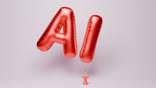 A CGI image of a balloon reading &quot;AI&quot; floating just above a thumbtack. Decorative: the balloon and thumbtack are both red, and set against a baby pink backdrop.