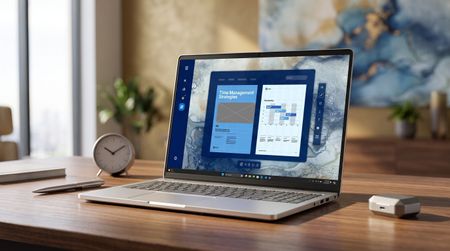 A laptop displaying a "Time Management Strategies" document on a wooden desk, next to a clock and pen. The setting is modern and well-lit, conveying productivity.