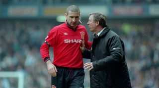 6 April, 1996: Manchester United manager Sir Alex Ferguson gives instructions to Eric Cantona