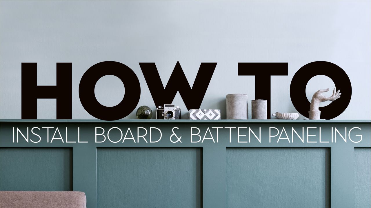 A &#039;How to install a DIY board and batten wall&#039; graphic with green-grey board and batten painted decor