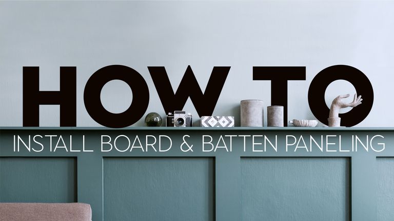 A 'How to install a DIY board and batten wall' graphic with green-grey board and batten painted decor