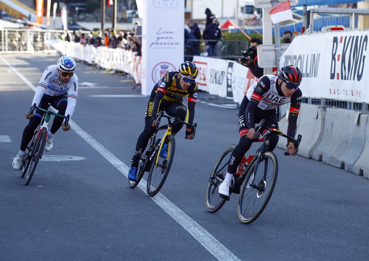 Tadej Pogacar leads Primoz Roglic and Sonny Colbrelli in the BEKING Monaco criterium