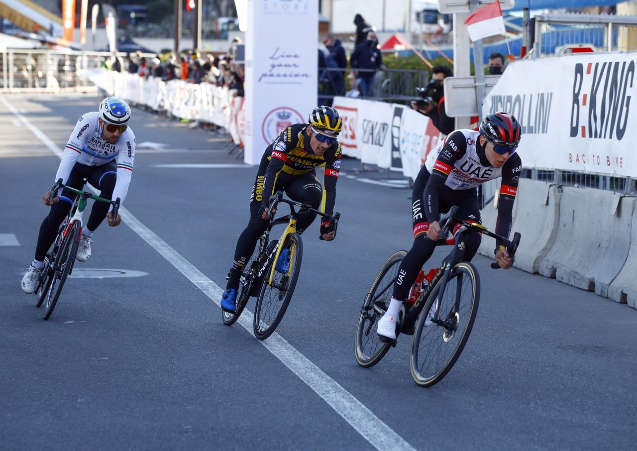 Tadej Pogacar leads Primoz Roglic and Sonny Colbrelli in the BEKING Monaco criterium