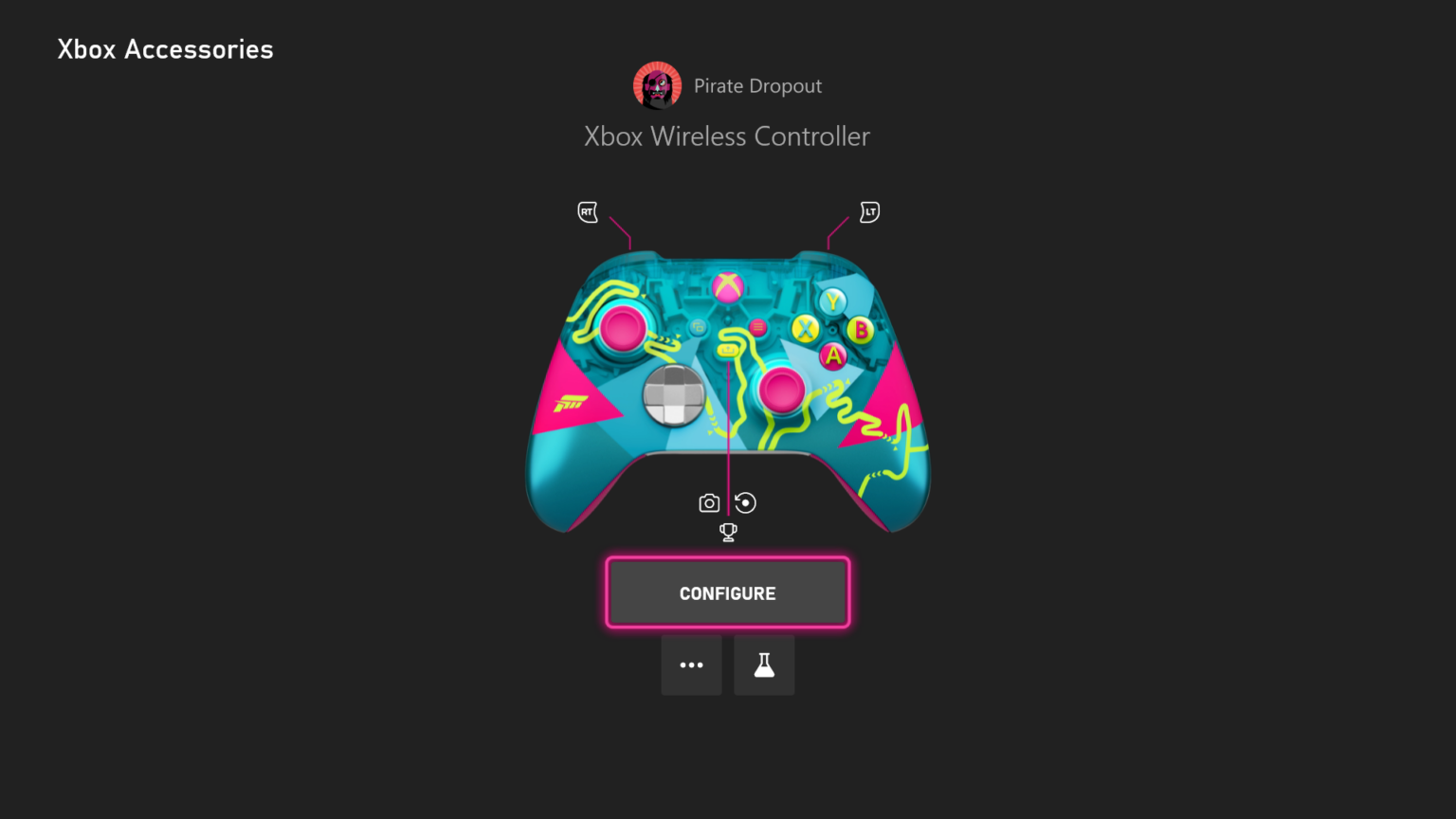 Xbox Accessories app displaying a colorful Xbox Wireless Controller with custom artwork and configuration options.