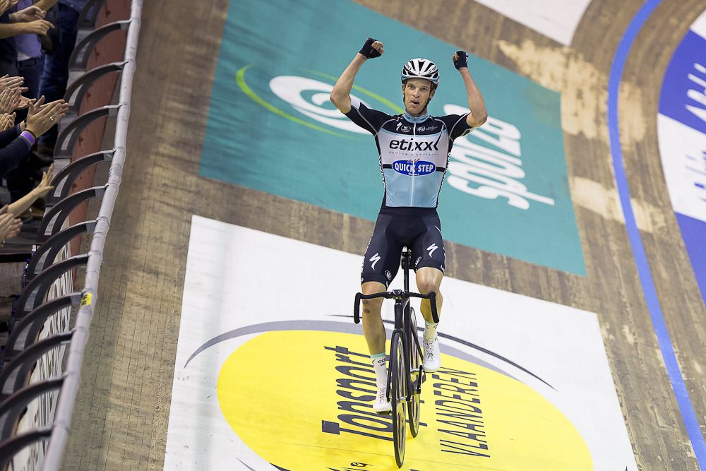 Iljo Keisse of Ettix-QuickStep celebrates after winning the Gent Six Day on the indoor track in Het Kuipk arena.