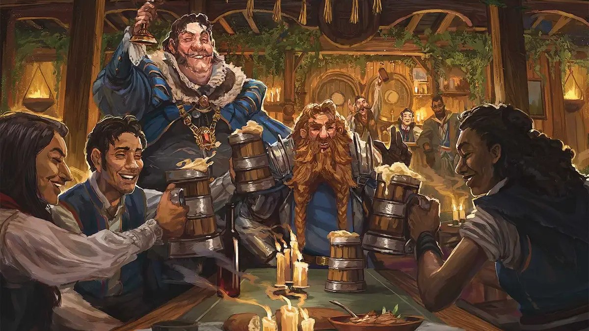 D&D art of a tavern scene, adventurers sit around a table drinking from tankards