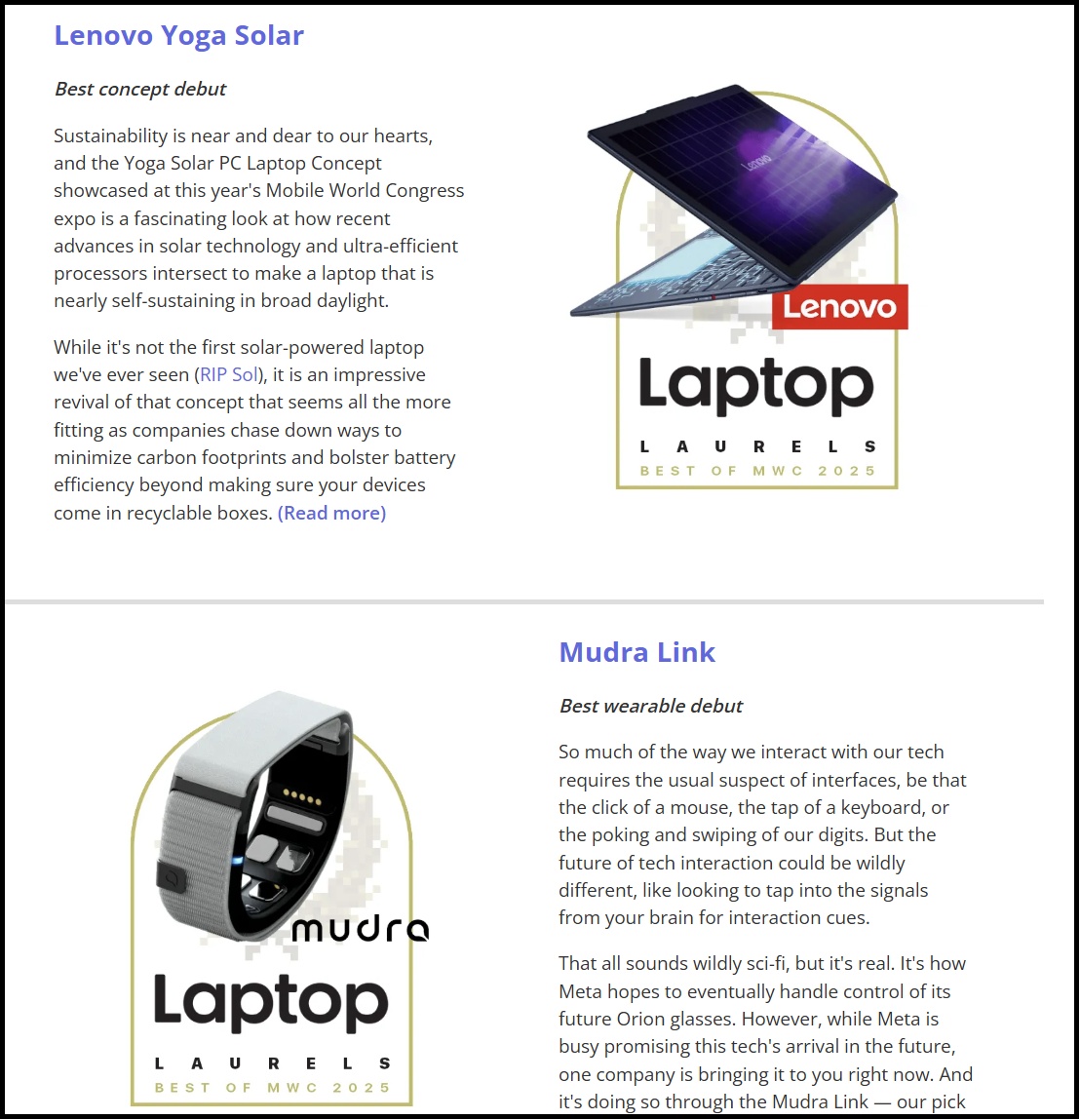 A screen shot from our best of MWC 2025 awards article, featuring a laptop and wearable, both honored with our Laptop Laurels award