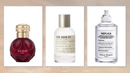 A collage of perfumes you can buy online, without smelling first as recommended by woman&home's beauty team, including (from L to R), Elie Saab Elixir Love, Le Labo The Noir 29 and Maison Margiela Lazy Sunday/ in a beige to grey sunset-style template