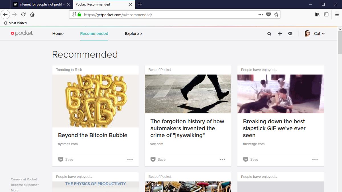 Pocket for Firefox recommendations