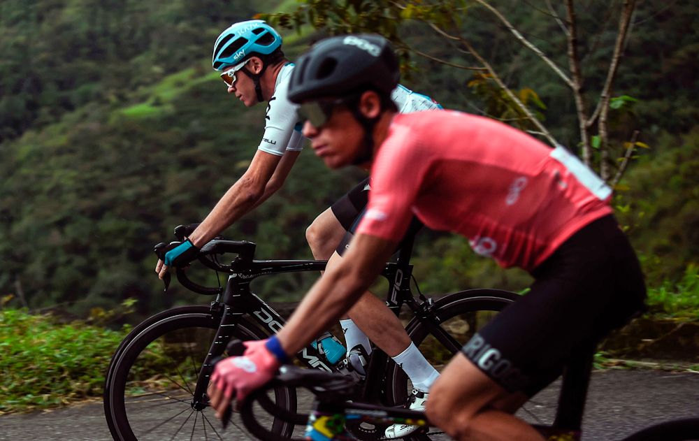 Chris Froome rides next to Rigoberto Uran during of the Giro de Rigo in San Rafael on November 4, 2018.