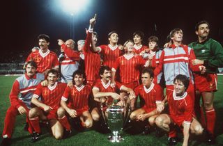 Liverpool players celebrate their 1984 European Cup final win over Roma.