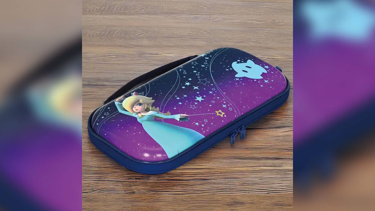 Image of the Hori Princess Rosaline Switch 2 case sitting on a wooden surface.