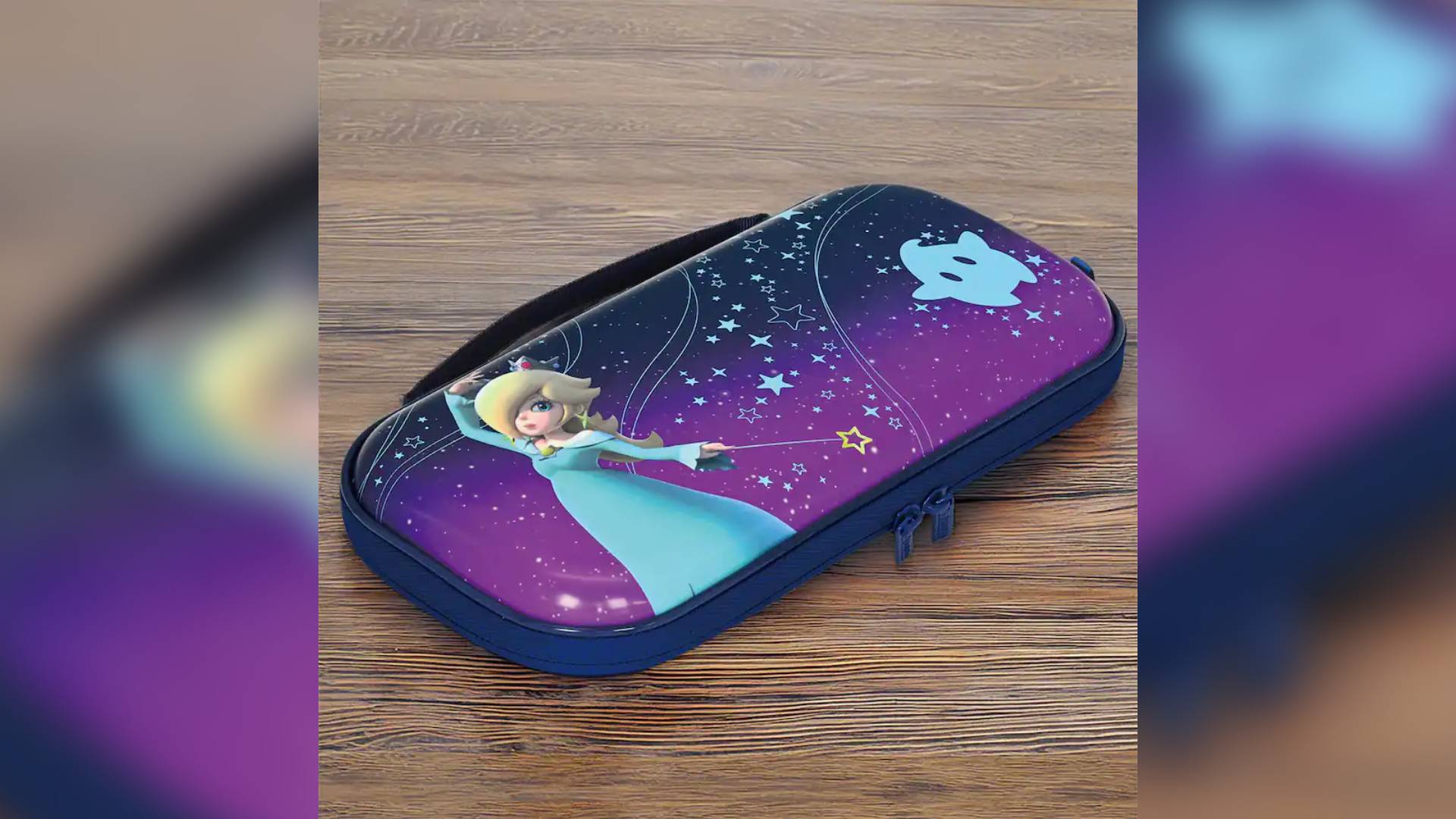 Image of the Hori Princess Rosaline Switch 2 case sitting on a wooden surface.