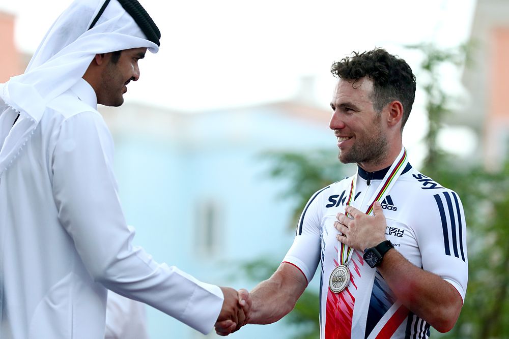 Mark Cavendish (Great Britain) on the podium with the silver medal at the World Championships
