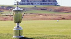 A general view of the U.S. Open Championship Trophy on the golf course at Shinnecock Hills Golf Club
