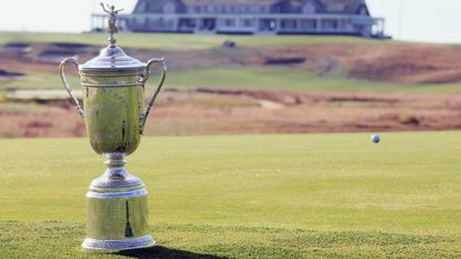 A general view of the U.S. Open Championship Trophy on the golf course at Shinnecock Hills Golf Club