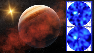 A large orange and brown sphere shrouded in red smoke a blue rectangle containing white squares within which are blue circles