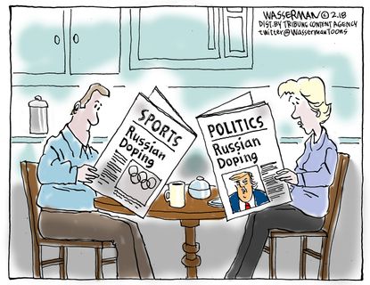 Political cartoon U.S. Trump Russia investigation Russian doping scandal Olympics