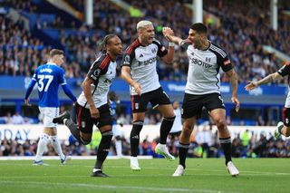 Fulham vs Brentford live stream Bobby De Cordova-Reid of Fulham (L) celebrates with Andreas Pereira of Fulham (C) and Aleksandar Mitrovic of Fulham (R) after scoring their 1st goal during the Premier League match between Everton FC and Fulham FC at Goodison Park on August 12, 2023 in Liverpool, United Kingdom. (Photo by Simon Stacpoole/Offside/Offside via Getty Images)