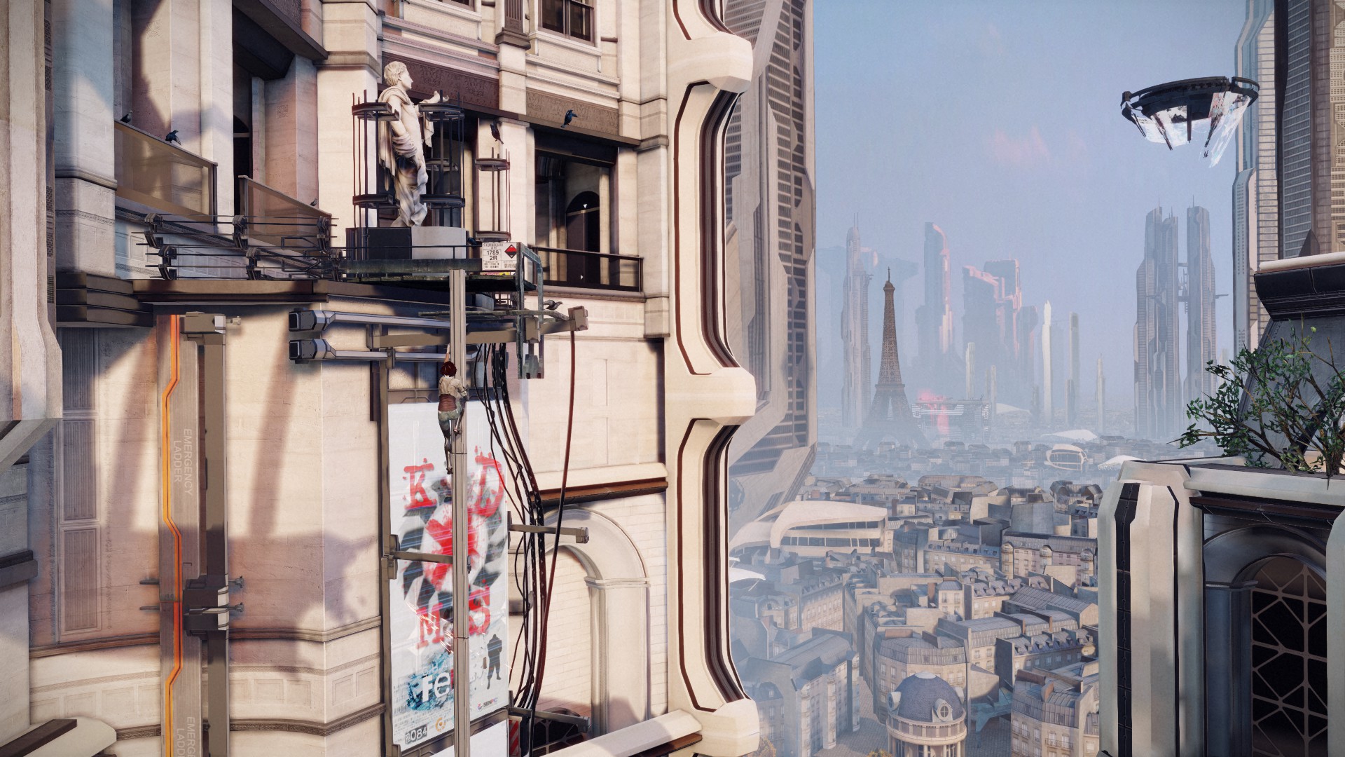 Nilin climbing a building with a view across Neo-Paris in Remember Me.